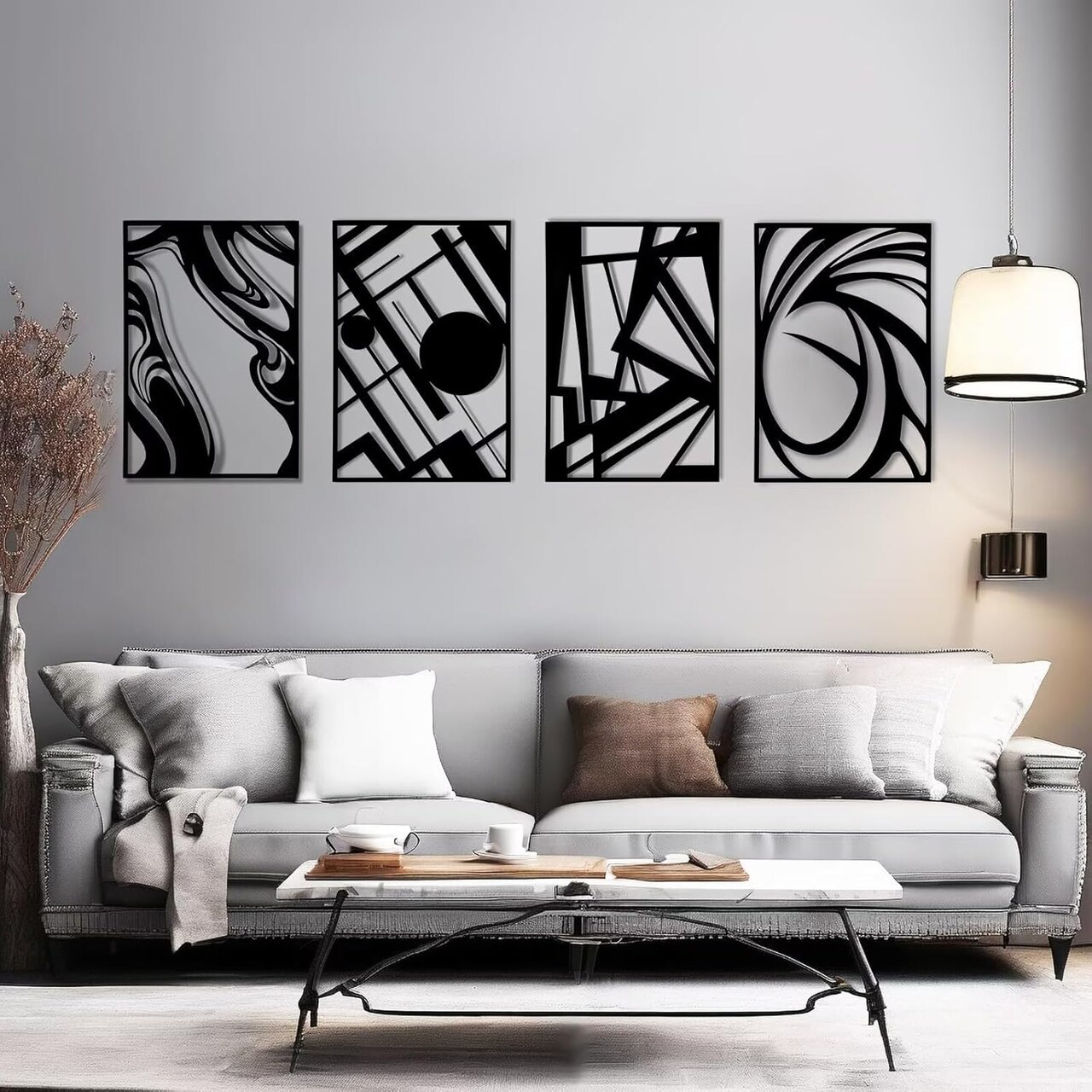 4 Pack Modern Metal Abstract Wall Art, Minimalist Matte Black Single Line Art Décor